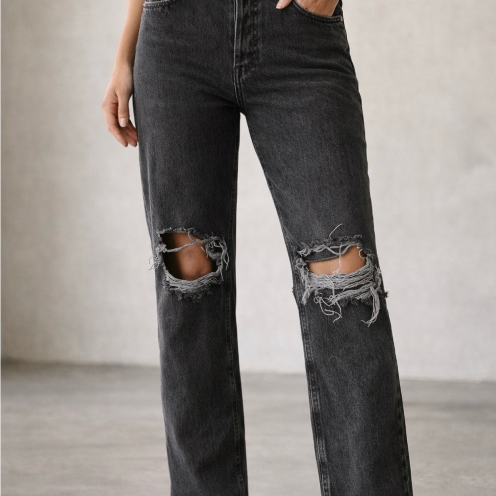 Free People We The Free Distressed Straight Leg Jeans Size 31 Mid Rise Black